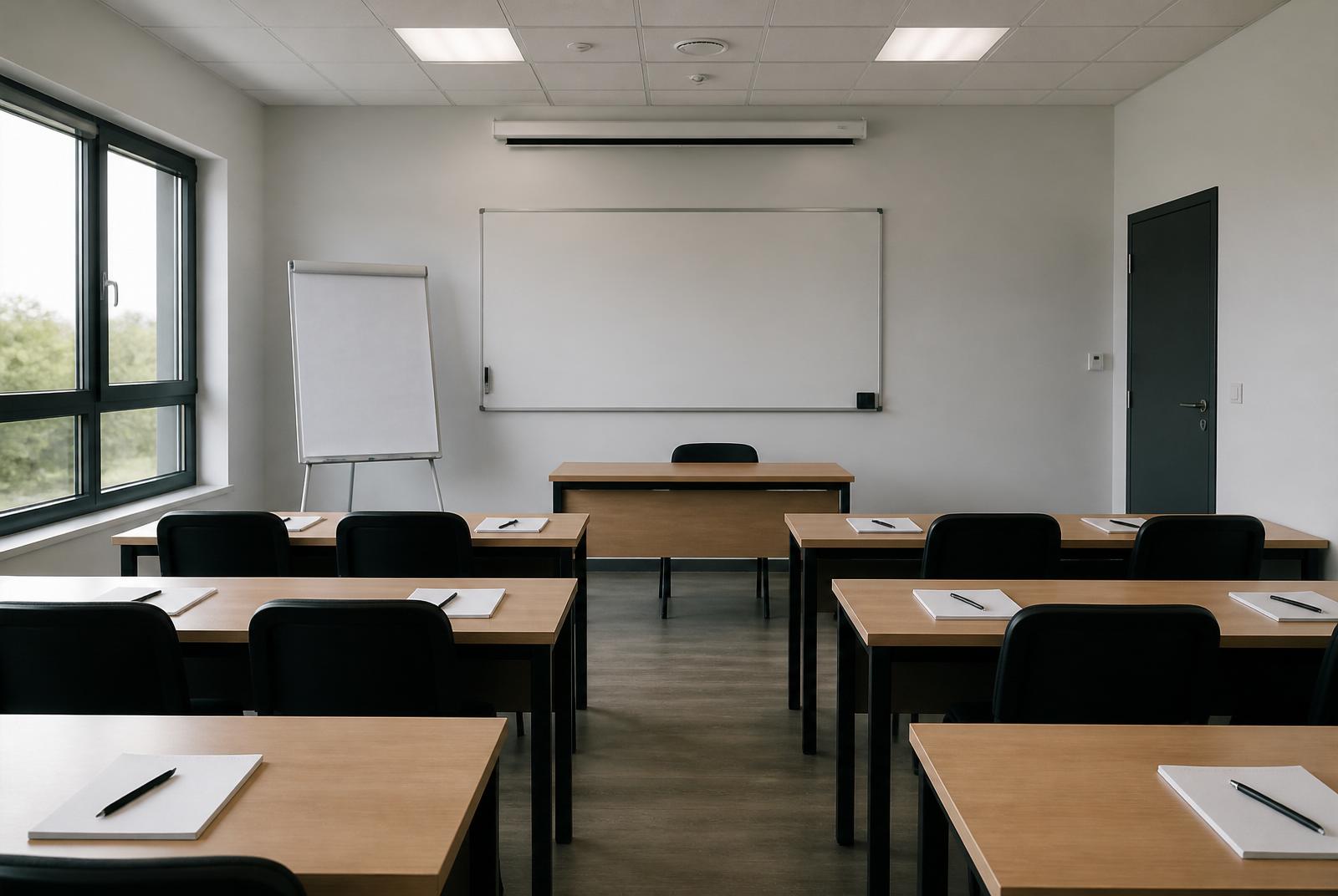 Salle de formation équipée pour les métiers de la sécurité privée.