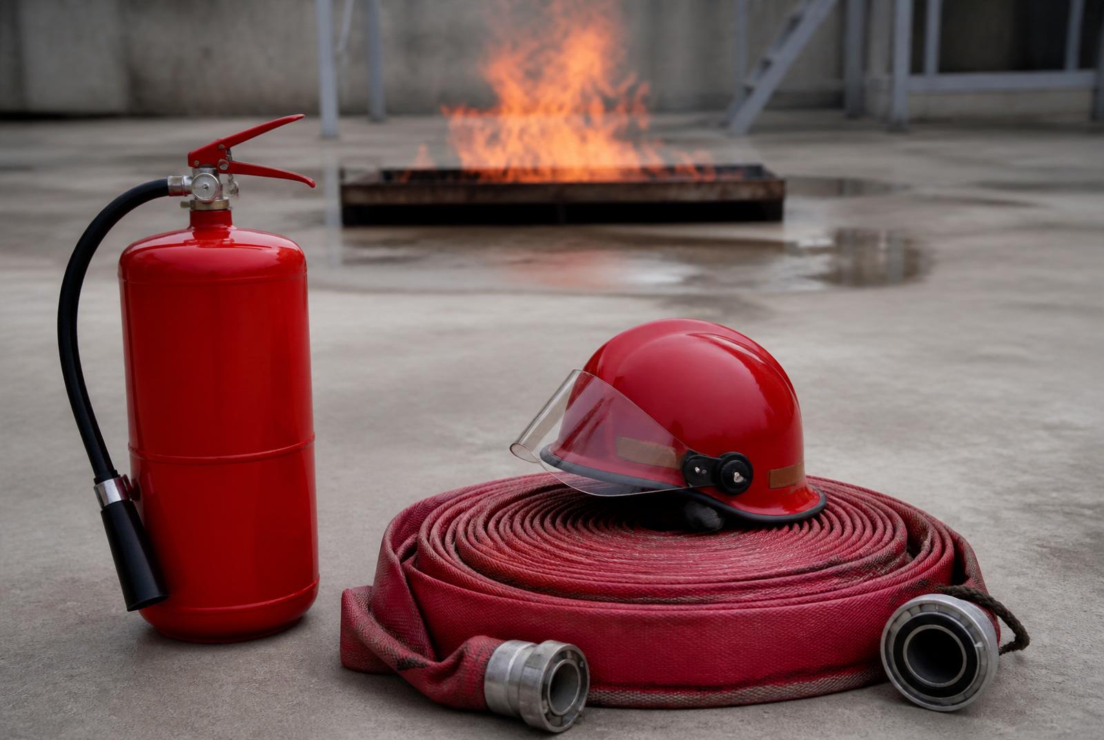Extincteur, tuyau et casque incendie sur aire d'entraînement.